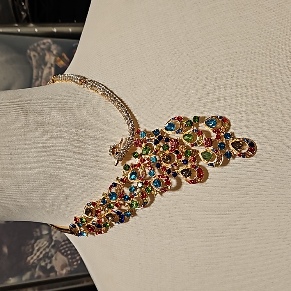 Multicolor Rhinestone Peacock Statement Necklace … - image 3